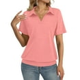 thumbnail image 3 of Womens Polo Shirts Short Sleeve Banded Bottom Business Tops Collared V Neck Casual Dressy Blouses Pink L, 3 of 6