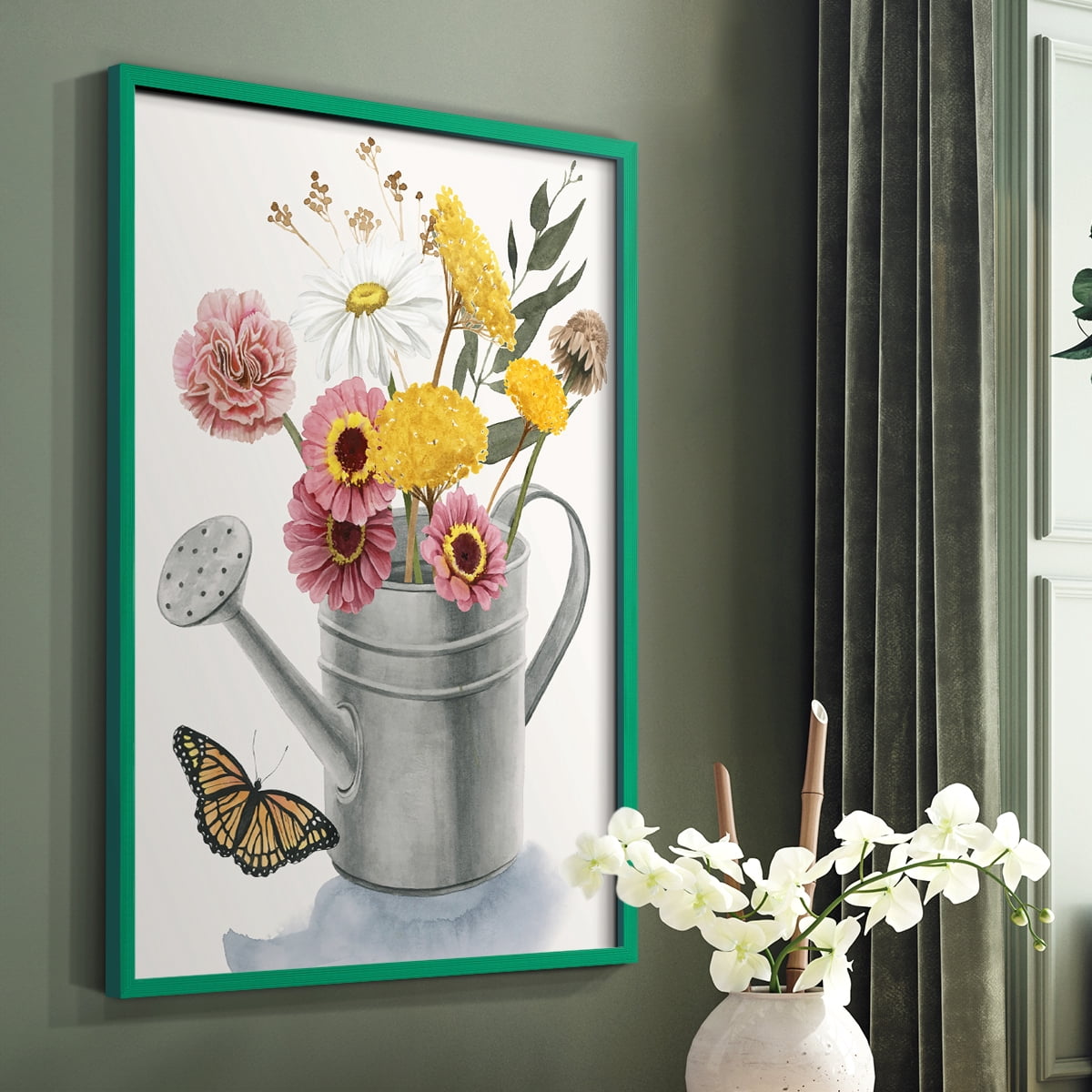 Watering Can Bouquet I Framed Print in Green Solid Wood 8 x 10 Framed Print