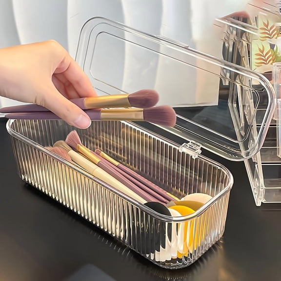 Clear Acrylic Makeup Organizer, Dust-Proof Flip Top Lid Storage for Brushes & Lipsticks. Portable Cosmetic Box.