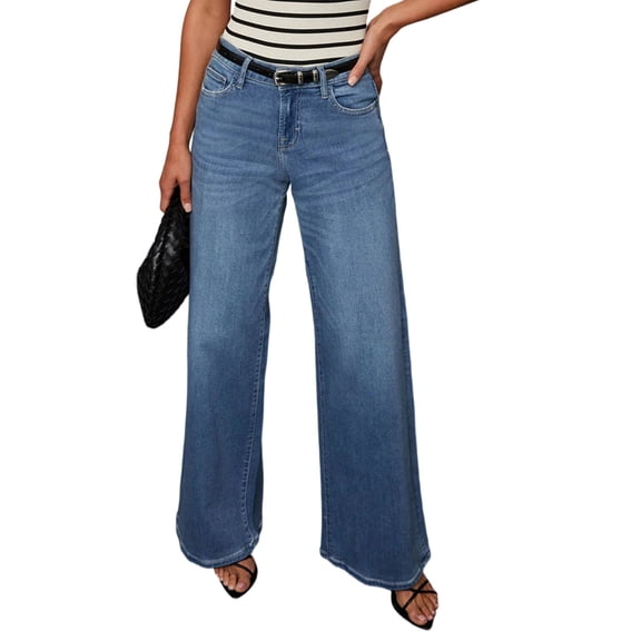 Jeans for Women Wide Leg Baggy High Waist Boyfriends Straight Leg Stretchy Denim Pants Blue M