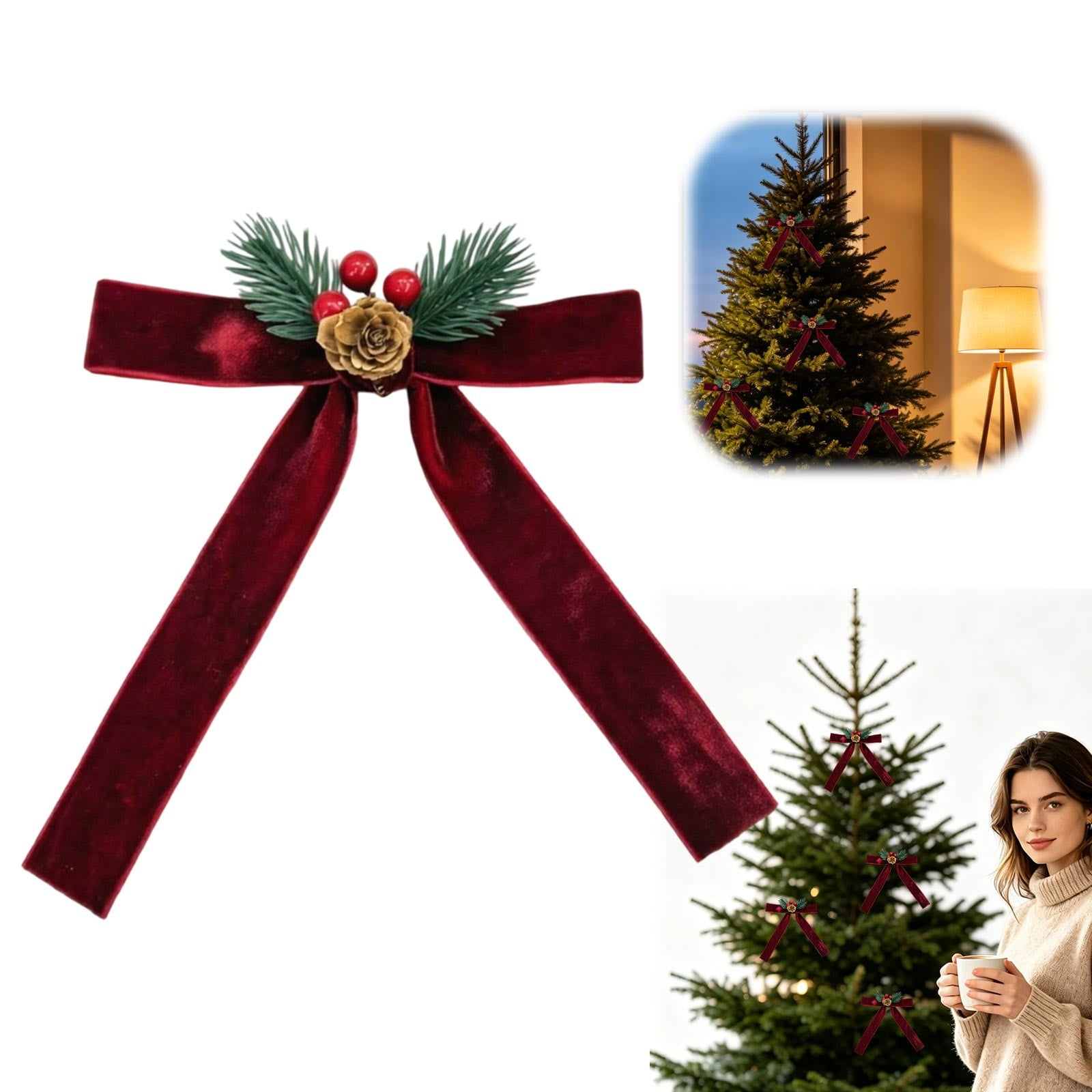 Christmas Wreath Bows with Berry and Pine Cone Hanging Christmas Tree Topper Xmas Bow with Pendant Bow Ornament for Party Decor Kitchen Cabinet