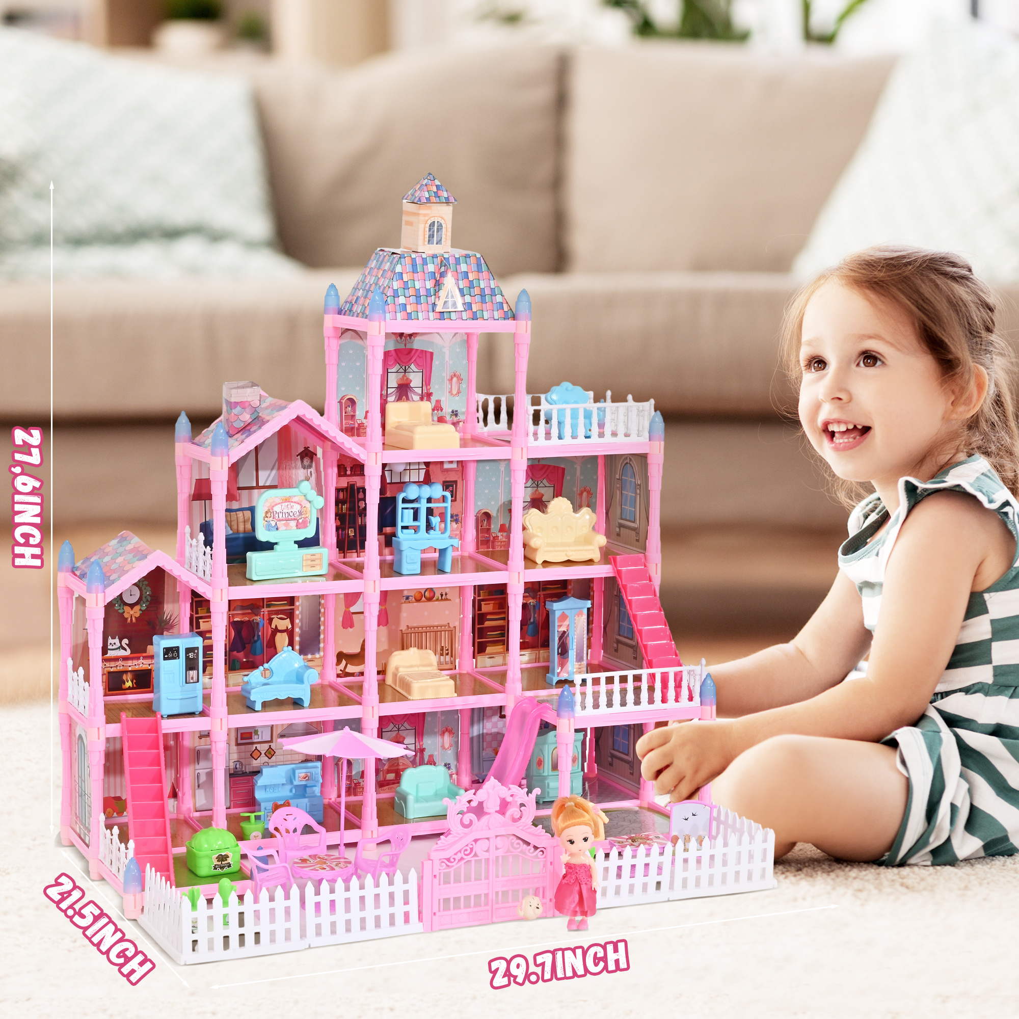 Huge Doll House - 285 PCS Girl Toys Dream Dollhouse 12 Rooms Playhouse with LED Lights Furniture and Accessories, Big Doll House for Princess Age 3-10 - image 4 of 7