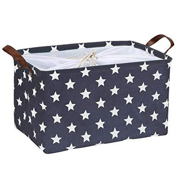 Sea Team Stylish Star Pattern Canvas Fabric Storage Basket Collapsible Geometric Design Storage Bin with Drawstring Cover and PU Leather Handles, 16.5 by 11.8 inches, Navy