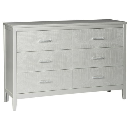 Olivet Collection B560-31 55" Dresser with 6 Drawers  Chrome Pull Handles Encrusted with Faux Crystals  Faux Shagreen Textured Drawer Fronts and Tapered Legs