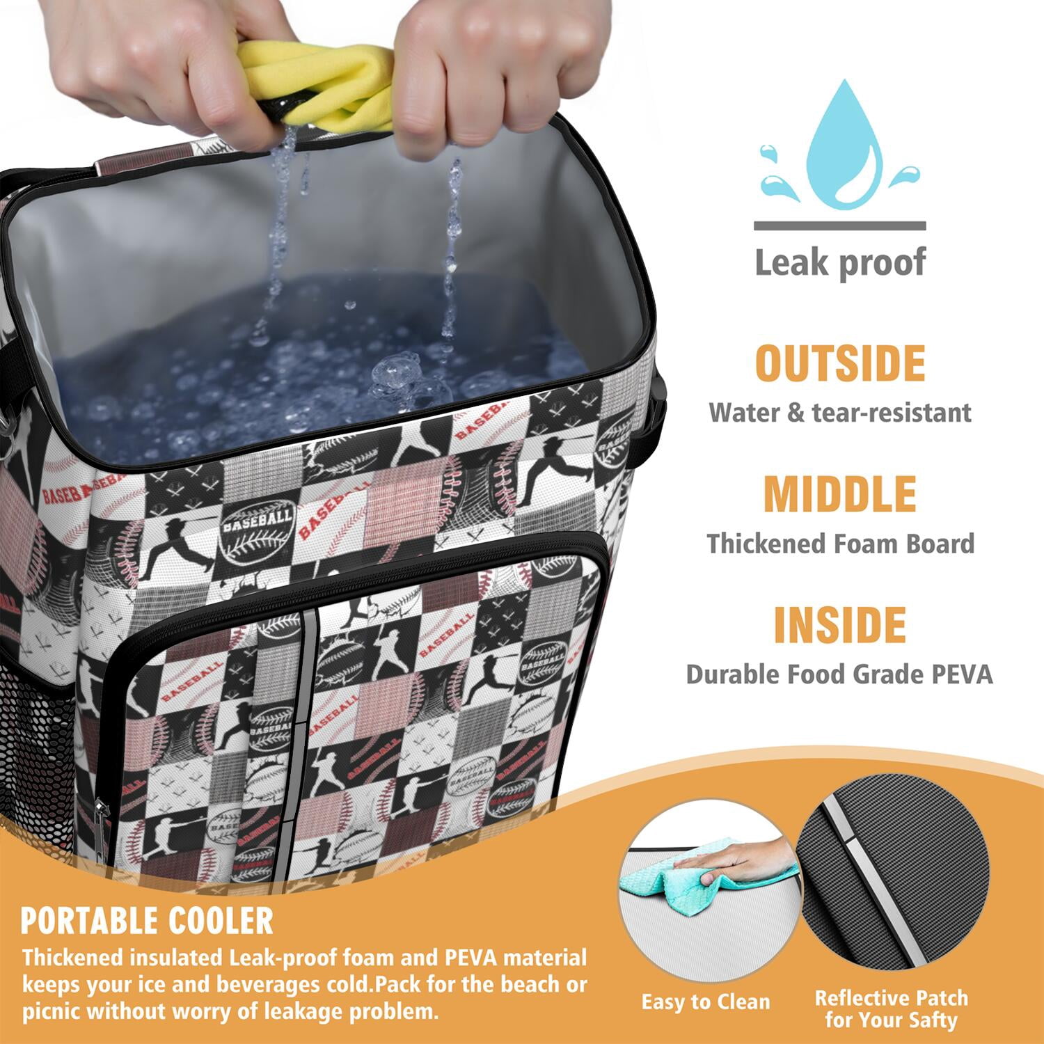 Travel Cooler Bag - Baseball Patchwork Pattern Camping Beer Cooler Backpack with Bottle Opener- Waterproof Insulated Picnic Backpacks - Cooler Bag for Beach