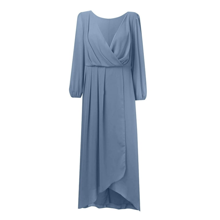 Women Chiffon Spring V Neck Long Sleeves Pleated A Line Midi Length Wedding  Guest Dress Dresses for Beach Casual Summer Dresses with Sleeves Petite  Dress Cute Maxi Dresses for Women Tween Casual -