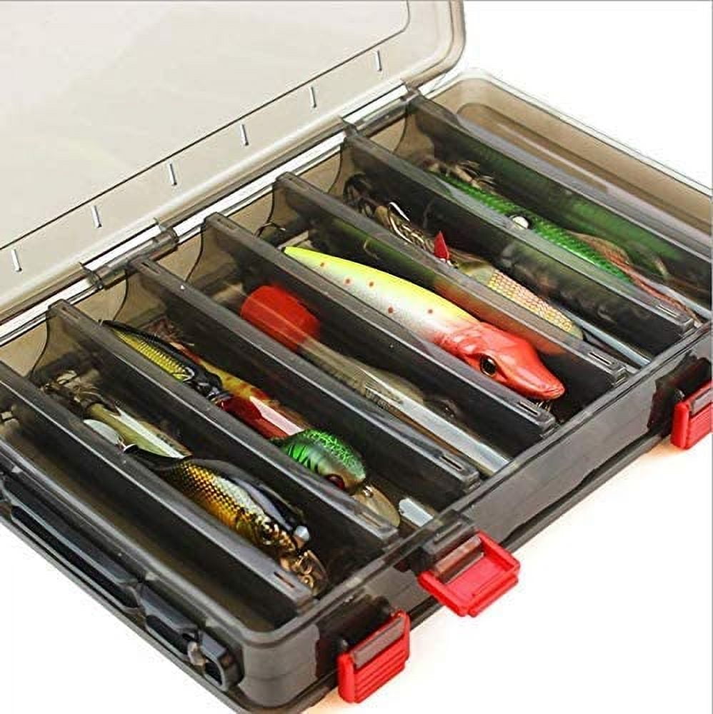 Double-Sided Fishing Lure Hook Tackle Box Visible Hard Plastic Clear Fishing Lure Bait Squid Jig Minnows Hooks Accessory Storage Case Container (Brown 14 Slots)