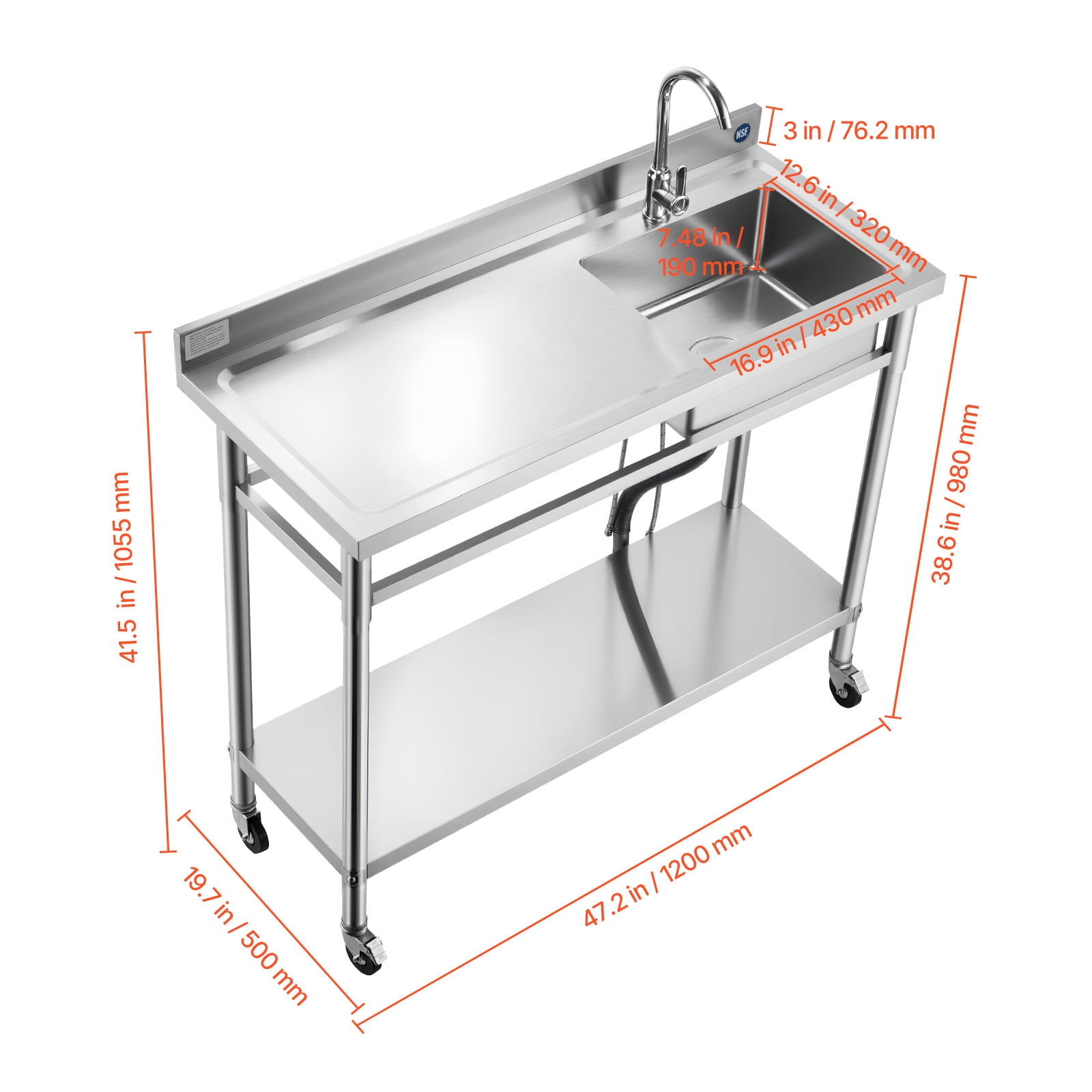 KFFKFF Stainless Steel Utility Sink with Wheels, Mobile Single Bowl Sink for Commercial Kitchens, Includes Faucet and Hot & Cold Water Pipes, Multipurpose Workstation for Garage, Restaurant