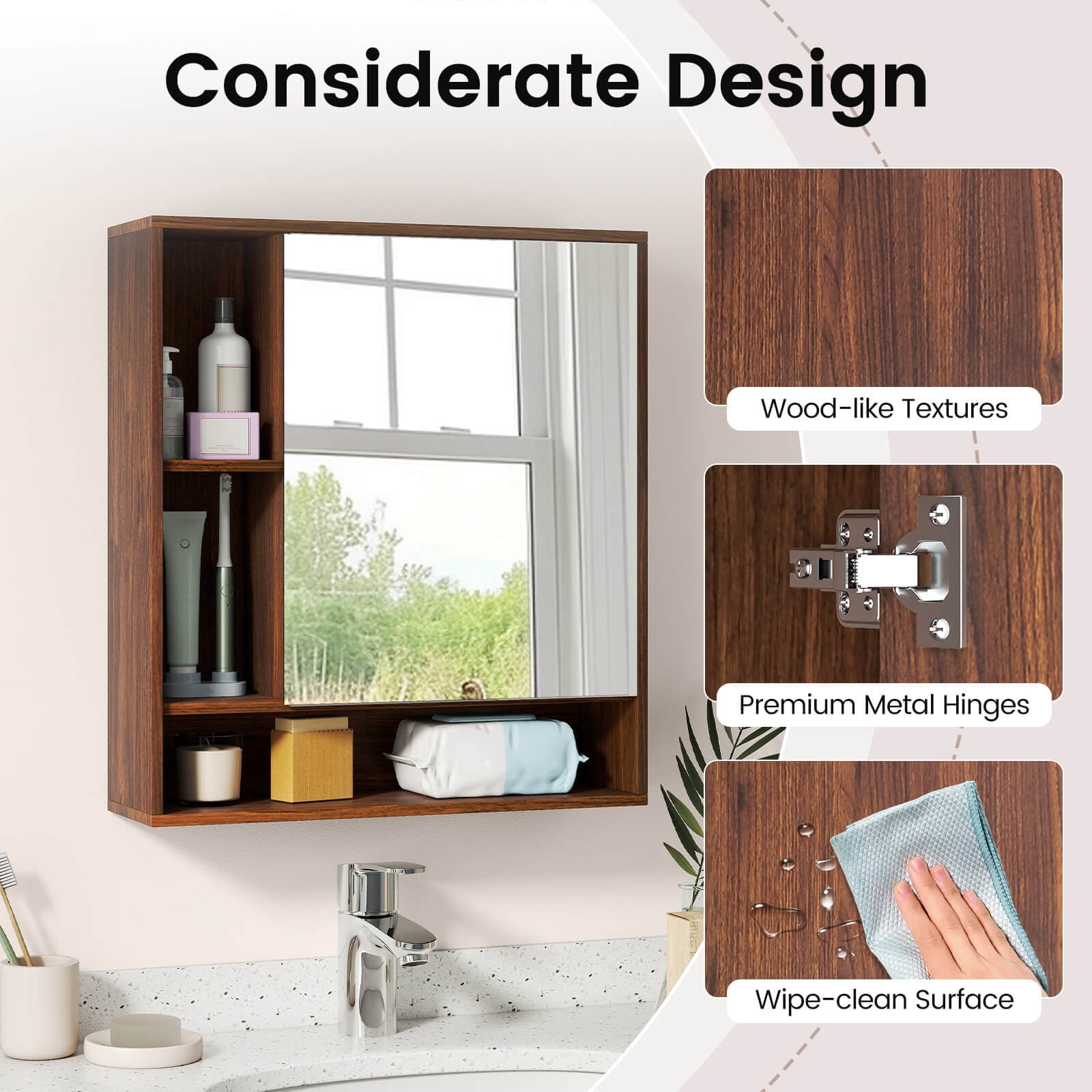 Costway Bathroom Wall Cabinet with Mirror, Single Door, 3 Open Shelves & Adjustable Shelf Walnut