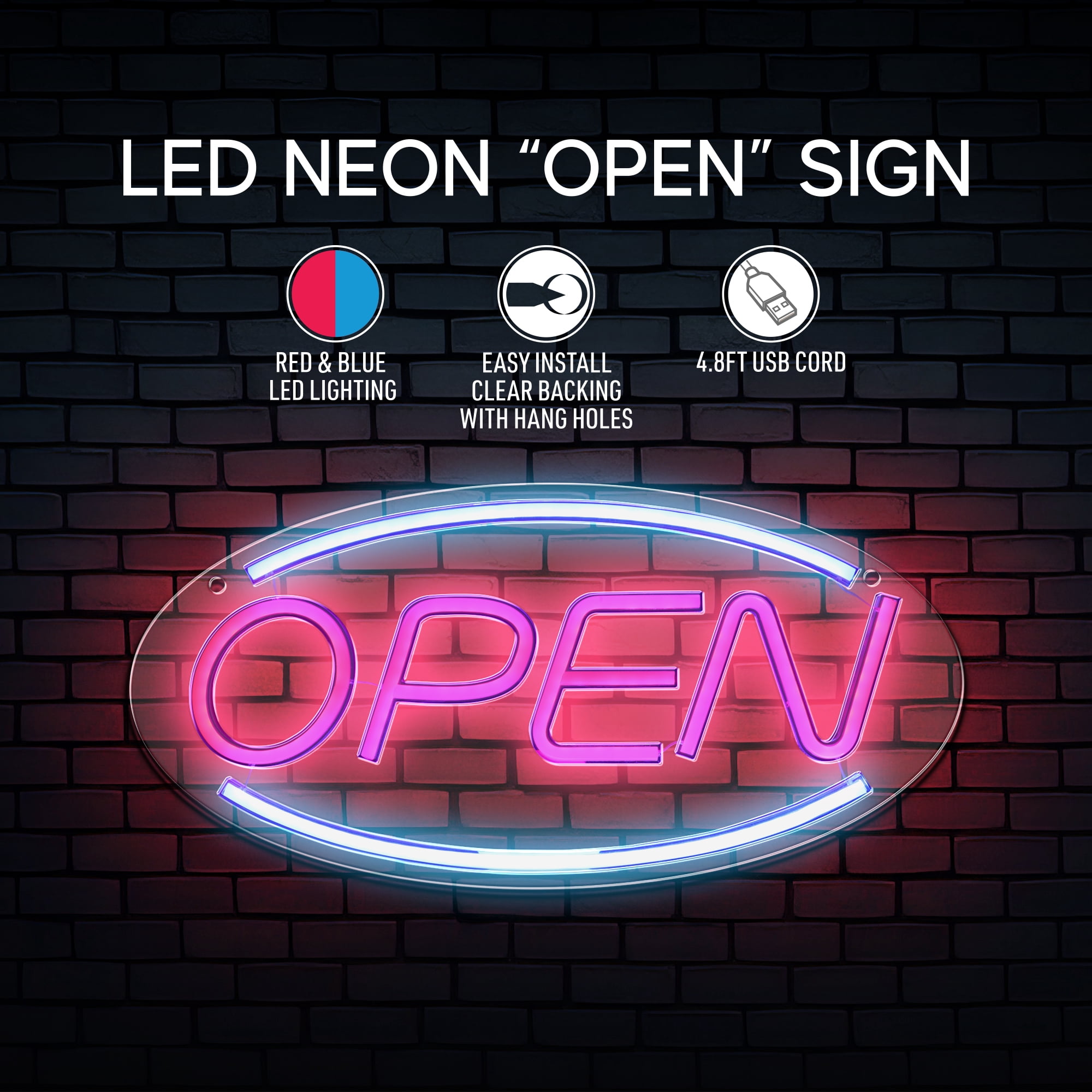Xtreme Lit LED Neon "OPEN" Sign – Red & Blue Lights, USB Powered, Clear Backing, Wall Hanging Holes, 4.8ft Cord