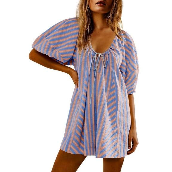 Women's Plus Size Overalls Women's Striped Print Romper Shorts – Puff Sleeve V Neck Oversized Loose Fitting Overalls for Summer Beach Cover up L