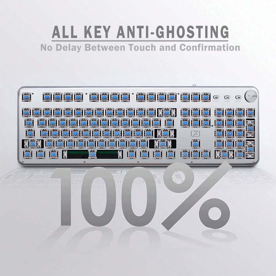 Wired Mechanical Keyboard, 104 Key Beautiful Typewriter Keyboard, Blue Backlight, Anti Ghosting, Blue Switch Wired Cute Keyboard - White, Including A USB Charging Cable