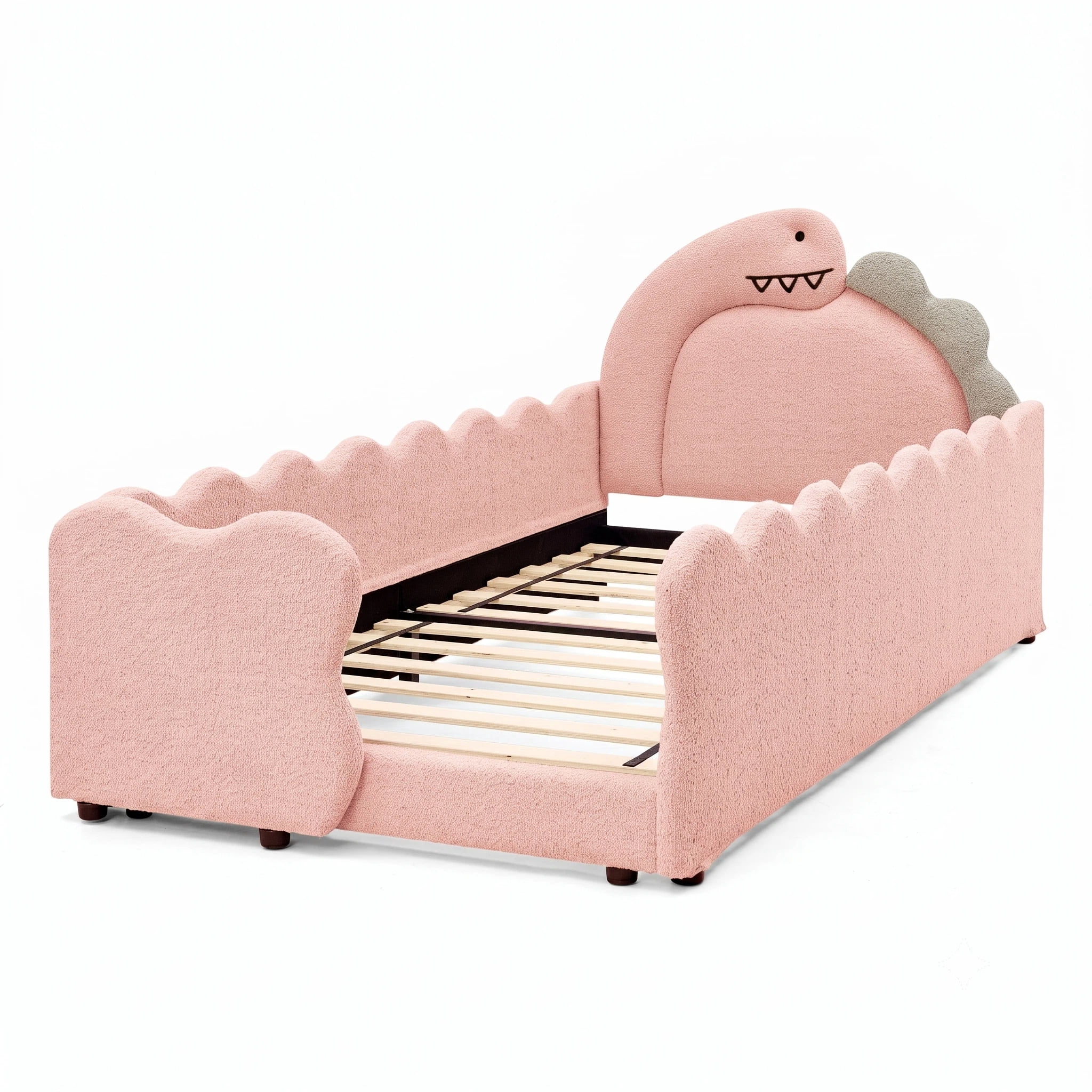 AISWORD Twin Size Kids Bed with Dinosaur Headboard, Upholstered Daybed with Slats Support & Side Pocket, Space-Saving Wooden Corner Sofa Bed, Pink