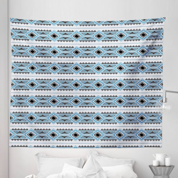 Tribal Tapestry, Illustration of Prehistoric Design Geometric Shapes Ethnic Vibes, Fabric Wall Hanging Decor for Bedroom Living Room Dorm, 5 Sizes, Sea Blue Charcoal Grey, by Ambesonne