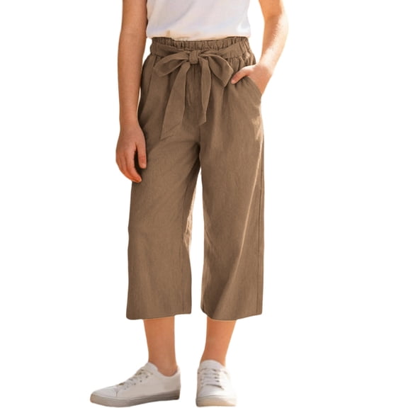 Twczz Girls Capris with Pockets- Elastic Waist Tie Front Casual Summer Kids Beach Pants Brown Size 5-12