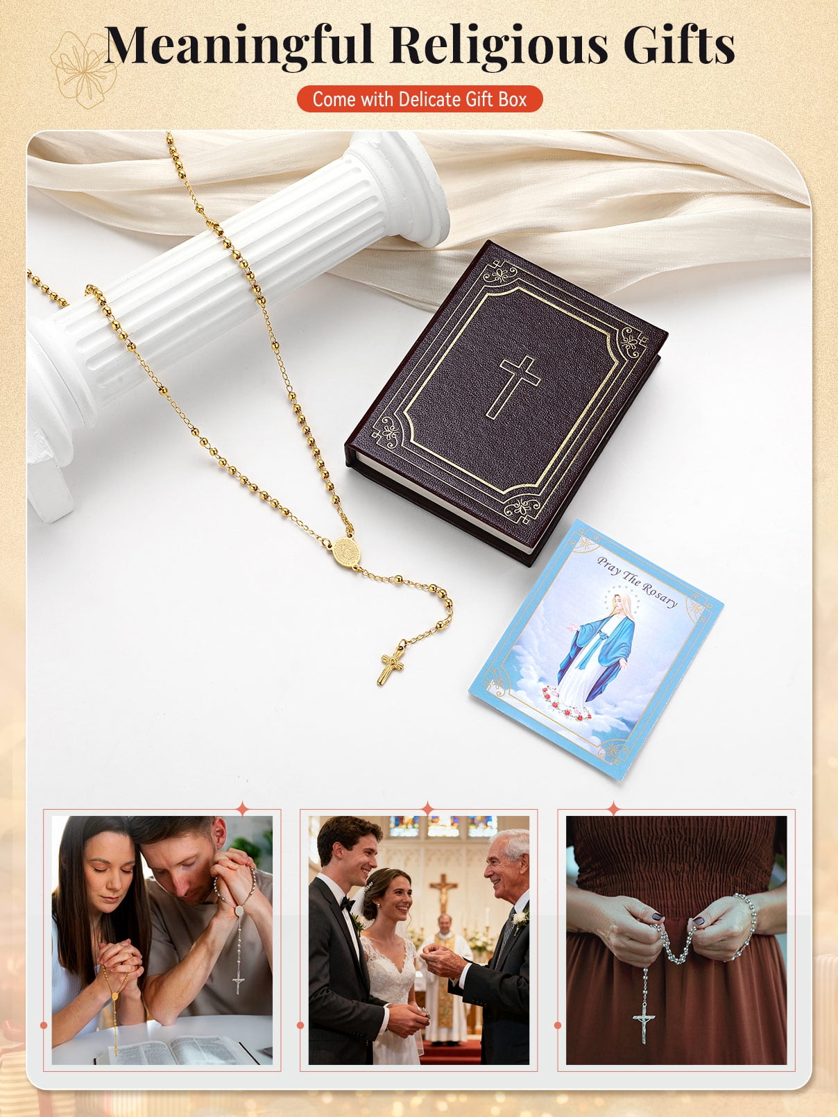 FaithHeart Virgin Mary Rosary Necklace for Women 14K Gold Plated Stainless Steel Dainty Blessed Bead Catholic Christian Church Jesus Cross Necklace with Pray Card Mothers Day Jewelry Gift for Mom
