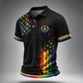 thumbnail image 2 of Men's Rainbow Peace Sign Polo Shirt with Colorful Star Splatter Graphic and Striped Cuffs Featuring Classic Collar Short Sleeves Black L, 2 of 5