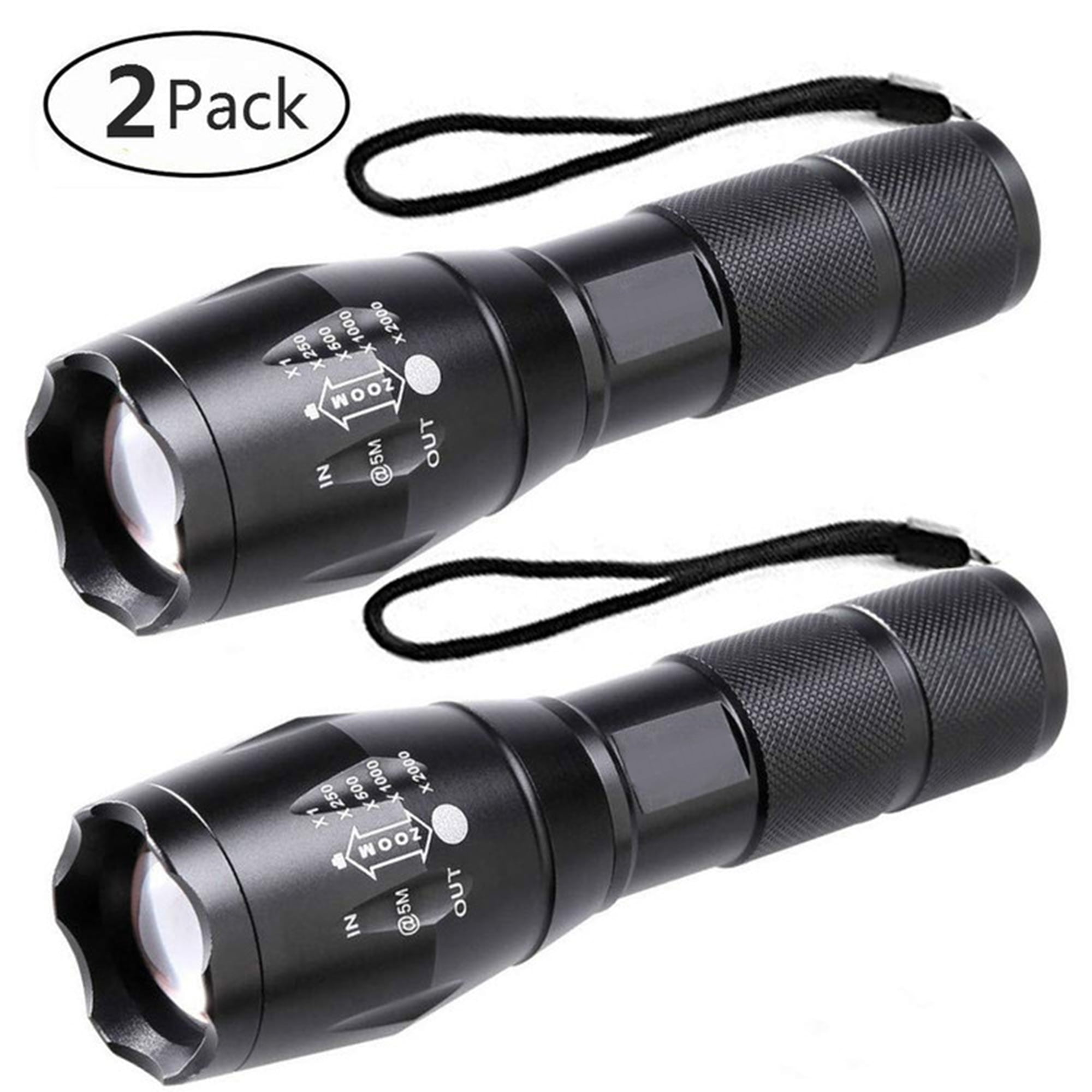 2 Pcs LED Tactical Flashlight 1600 LM Ultra Bright CREE XML T6 LED Taclight As Seen On Tv with 5 Light Modes and Adjustable Focus for Emergency Camping Hiking