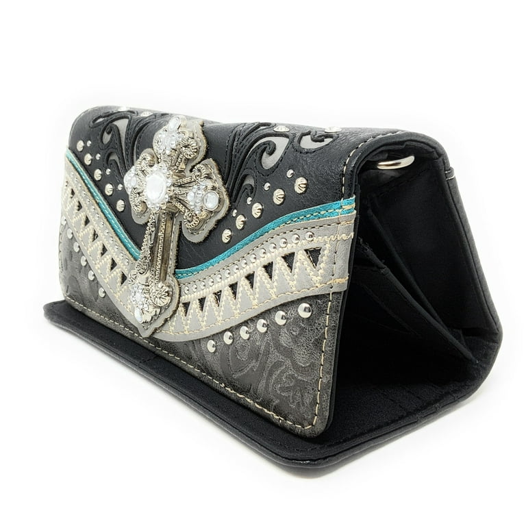 Western Embroidered Rhinestone Cross Purse Handbag Wallet Set in 2 Colors