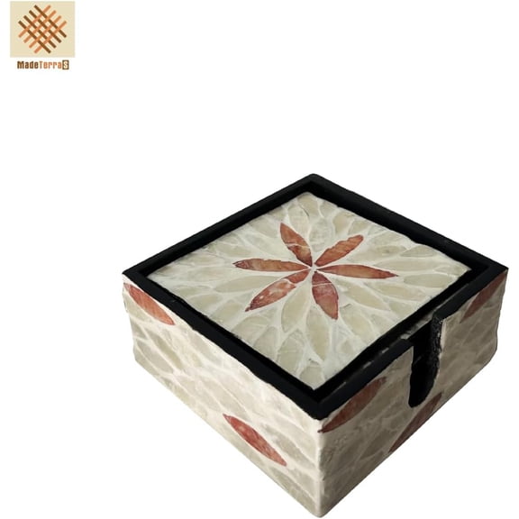 6 Pack Mother of Pearl Coasters with Holder, Seashell Inlay Square Cup Holder with Shine, Cup Coasters for Coffee bar (Color 4.3)