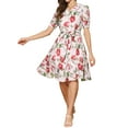thumbnail image 3 of INSPIRE CHIC Women's Vintage Peter Pan Collar High Waist Flowy Midi Puff Sleeve Floral Dress S Beige Red, 3 of 7