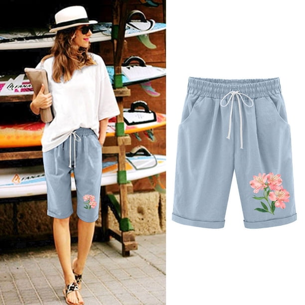 Puntoco Pantalones cortos de algodón para mujer Pantalones cortos con cordón y estampado de cintura elástica para mujer