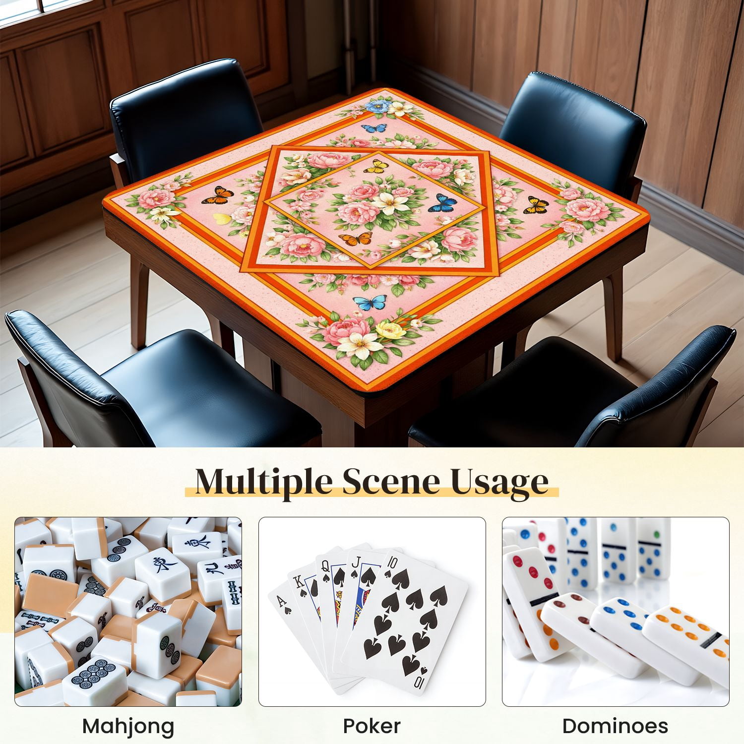 Mahjong Mat 31.5" x 31.5" Floral Diamond Butterflies Soft Pink Orange Non-Slip Noise Reduction Mahjong Tiles Table Cover for Dominoes Poker Card Board and Tile Games