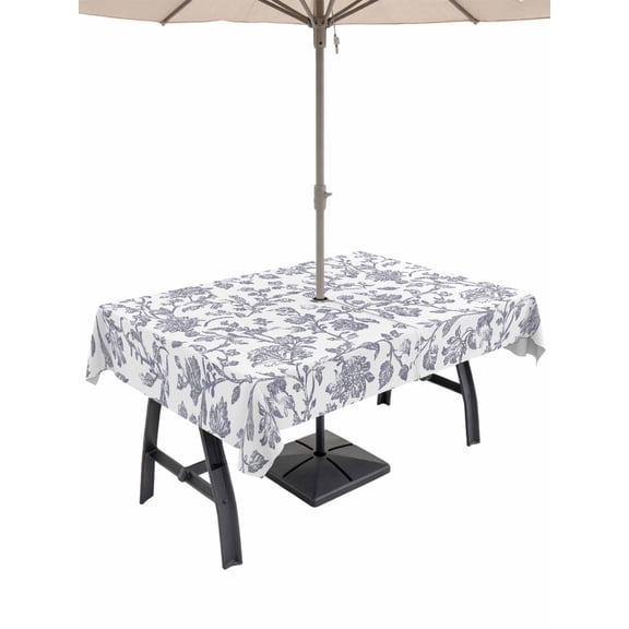 52x70 Inch Outdoor Tablecloth with Umbrella Hole Zipper Rectangle Haze Blue Flower Rectangular Tablecloths Outside Waterproof Vintage Farmhouse Boho Leaf Plant Patio Table Cover for Picnic Party