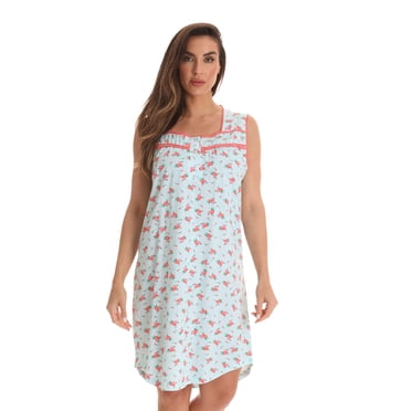 Dreamcrest 100% Cotton Sleeveless Nightgown for Women with Crochet Trim (Aqua - Coral, Medium)