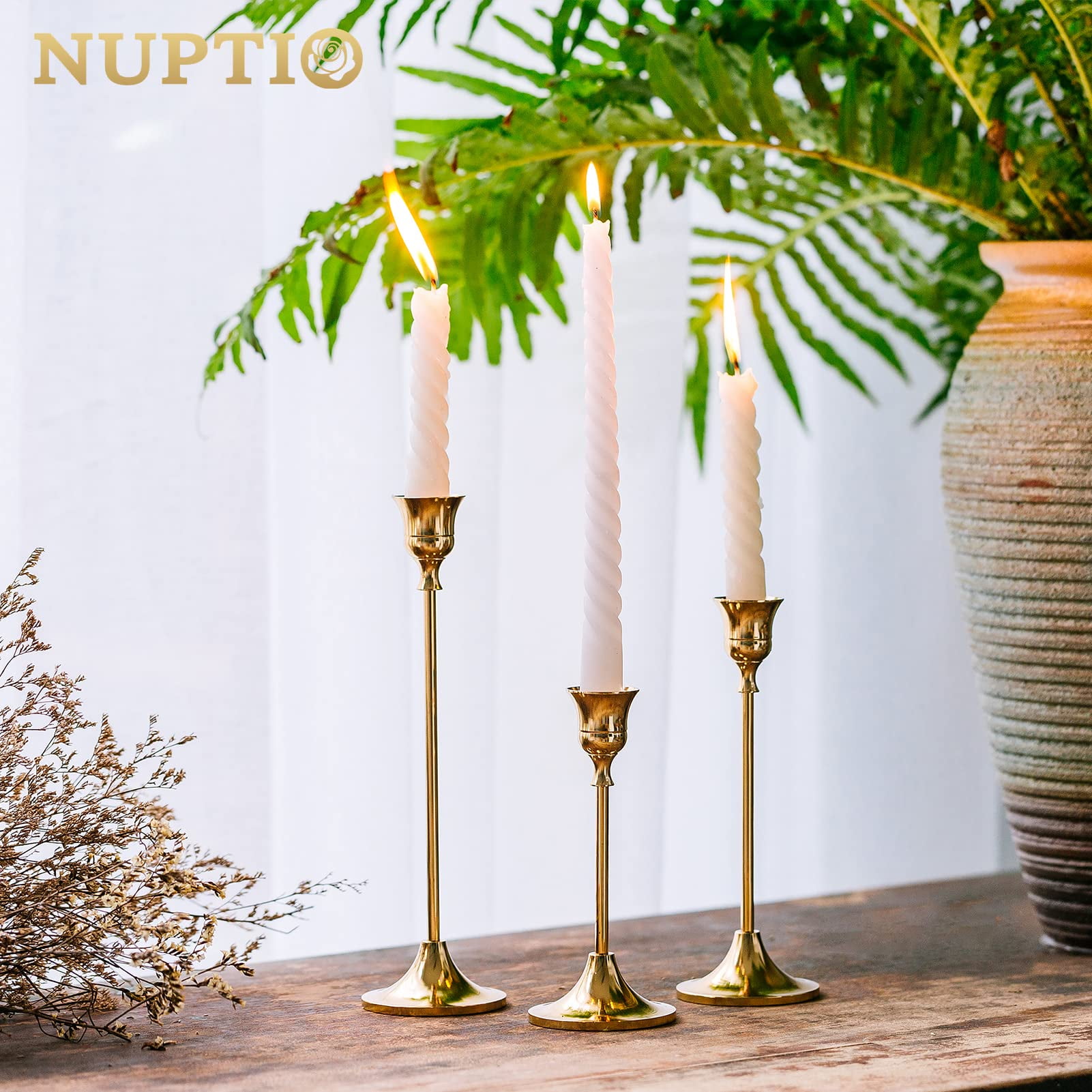 Nuptio 2 Sets(6 Pcs) Brass Gold Metal Taper Candle Holders Candlestick Holders