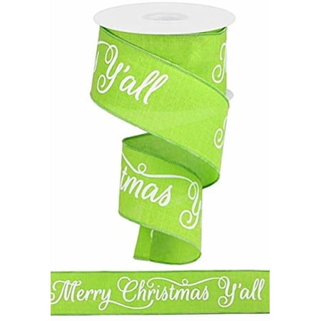 Merry Christmas Y'all Script Wired Edge Ribbon, Lime Green White, 2.5 Inches x 10 Yards