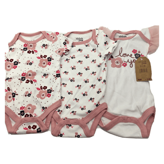 Chick Pea Infant 0-3 Months 3 Piece Bodysuit, White/Floral Pink
