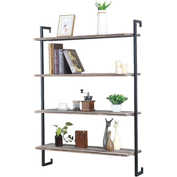 YUEXIA Industrial Metal and Wood Wall Shelf Unit Rustic Floating Wood