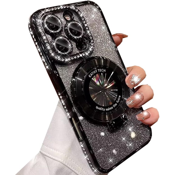 Magnetic Kickstand Glitter Case for iPhone 16 Pro Max, [Compatible with Magsafe] Luxury Bling Sparkly Diamond Rhinestones with Camera Protector Women Girls Case for iPhone 16 Pro Max (Black)