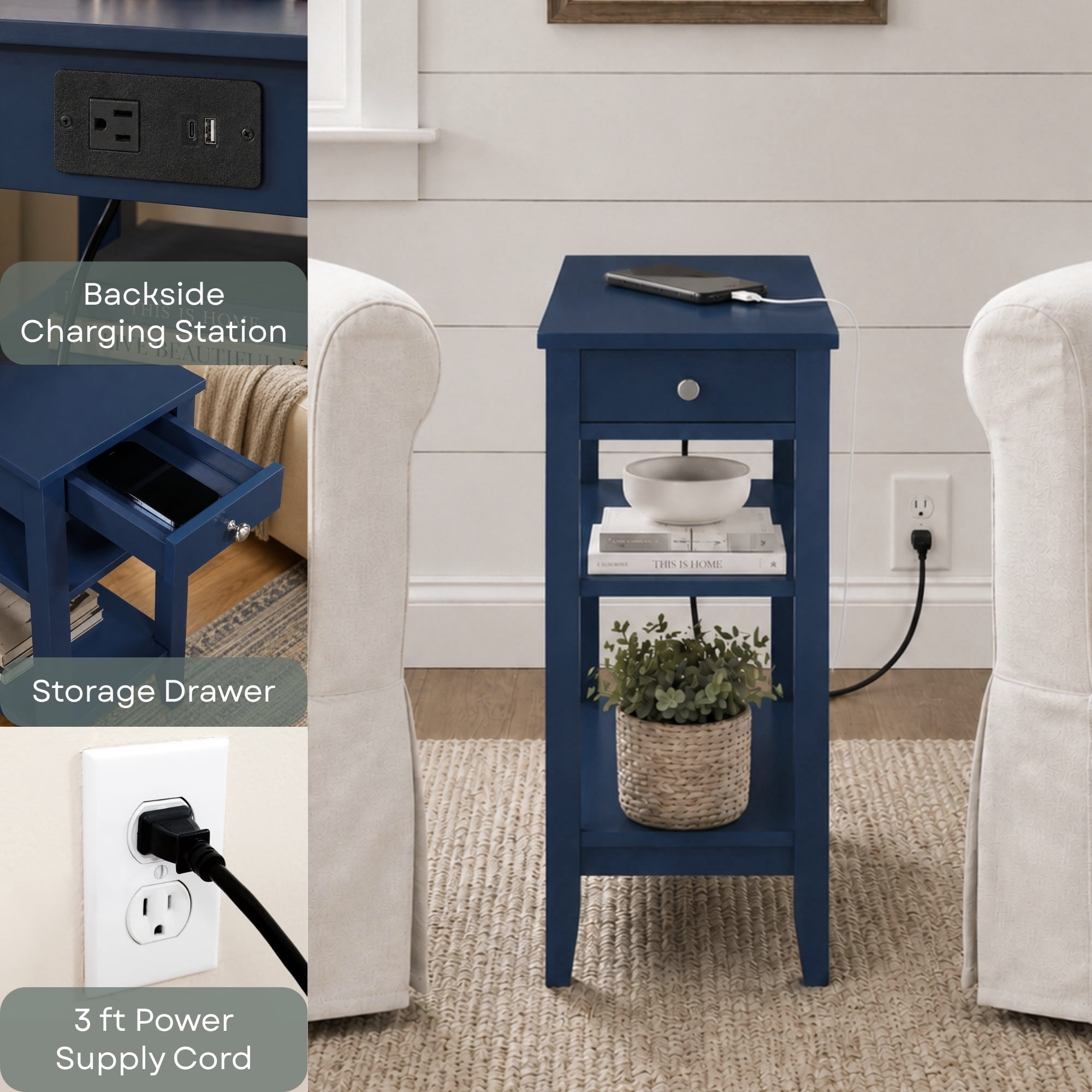Convenience Concepts American Heritage 1 Drawer Chairside End Table with Charging Station and Shelves, Cobalt Blue