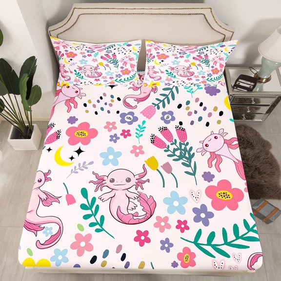 YST Floral Axolotl Fitted Sheet Twin,Pink Axolotl Bed Sheets for Kids Teens Girls,Coastal Reptile Bed Set Summer Ocean Printed Bedding Set with 1 Pillowcase Soft,no Flat Sheet