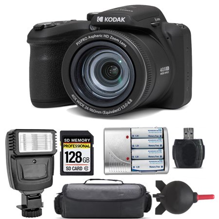Kodak PIXPRO AZ405 Digital Camera (Black) + Extra Battery + Flash - 128GB Kit