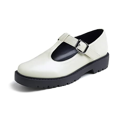 

Feversole Women s Fashion Trim Deco Loafer Flats Beige Vegan Leather Mary Jane Buckle Size 9 M US