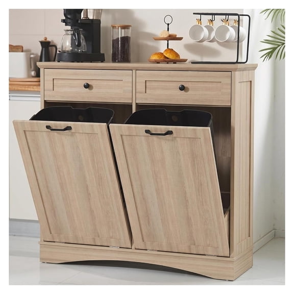 Double Tilt Out Trash Can Cabinet with Drawer and Storage Shelf Natural Wood Finish 2x13 Gallon Bin Holder Space Saving Kitchen Laundry Storage Unit for 39.76 L 13.58 W 38.58 H Dimensions