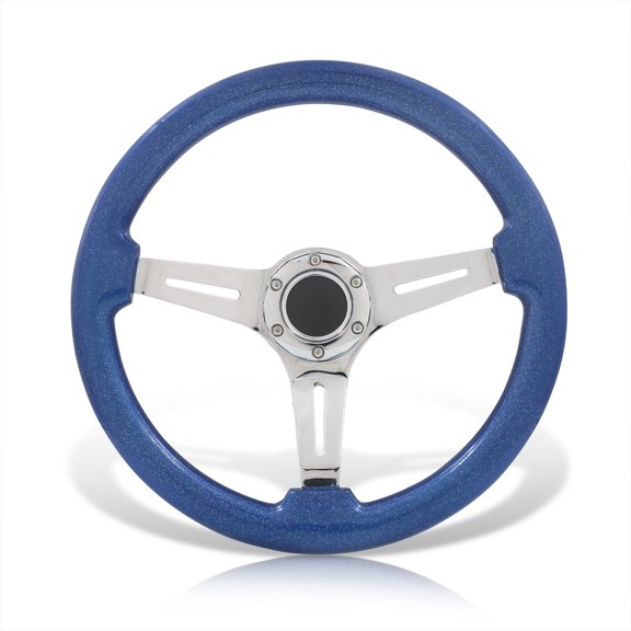 AJP Distributors Universal 350mm 14" 6 Bolts Holes Heavy Duty Steel Steering Wheel Metallic Blue Wood Chrome Deep Dish 3 Spokes Light Weight   Horn Button Replacement JDM VIP Sport