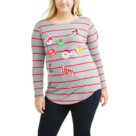 Junior's Plus Long Sleeve Crew Neck Striped Xmas Patch Top