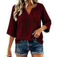thumbnail image 2 of VBVC Women's Gingham V Neck Blouse, Ladies' 3/4 Sleeve Summer Tunic Top, Casual Loose Fit Checkered Shirt For Women, Wine , S-3XL, 2 of 7