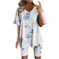 thumbnail image 1 of Blusas para Mujeres Casual Cuello en V Impresión de Manga Corta Blusa Y Pantalones Cortos Dos Piezas Pantalones Conjunto, 1 of 4
