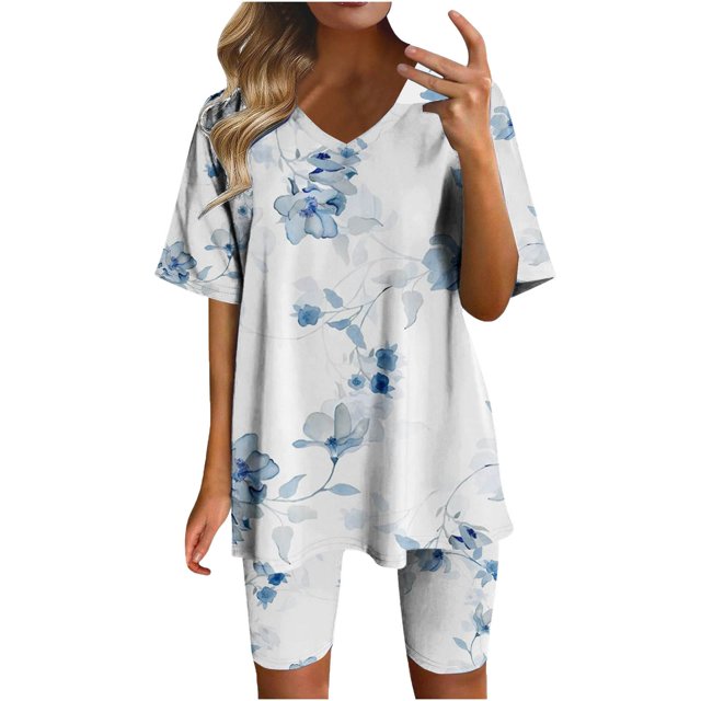 Blusas para Mujeres Casual Cuello en V Impresión de Manga Corta Blusa Y Pantalones Cortos Dos Piezas Pantalones Conjunto
