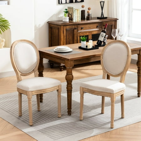 Beige Linen Dining Chair (2) French Style Solid Wood Construction Antique Painted Cozy Time 2 Chairs In Beige Frame With Upholstery Painting Comfortable Sit