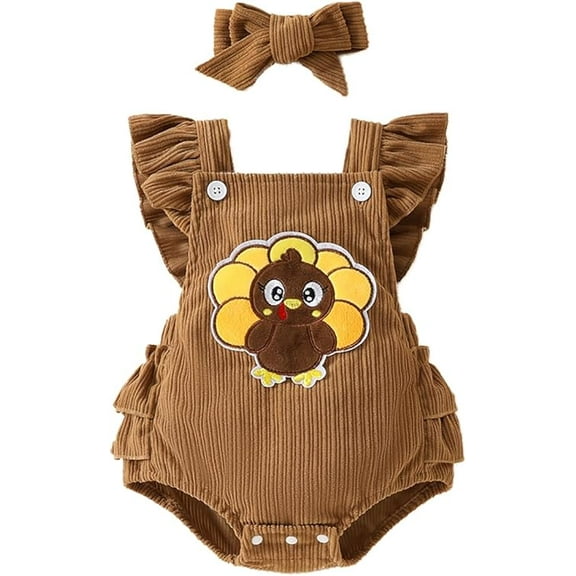 stylesilove Baby Girls Brown Turkey Ruffled Romper and Headband 2pcs Thanksgiving Outfit Holiday Clothing Set (Brown, 3-6 Months)