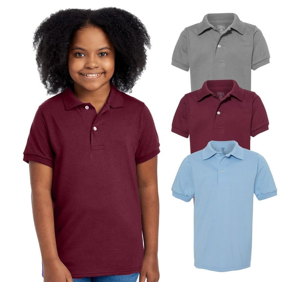 JERZEES Youth Polo T - Shirt, Short Sleeve SpotShield Fabric and Ribbed Cuffs – S Size | Assorted Colors Tee - 5.4 oz, Pack 3