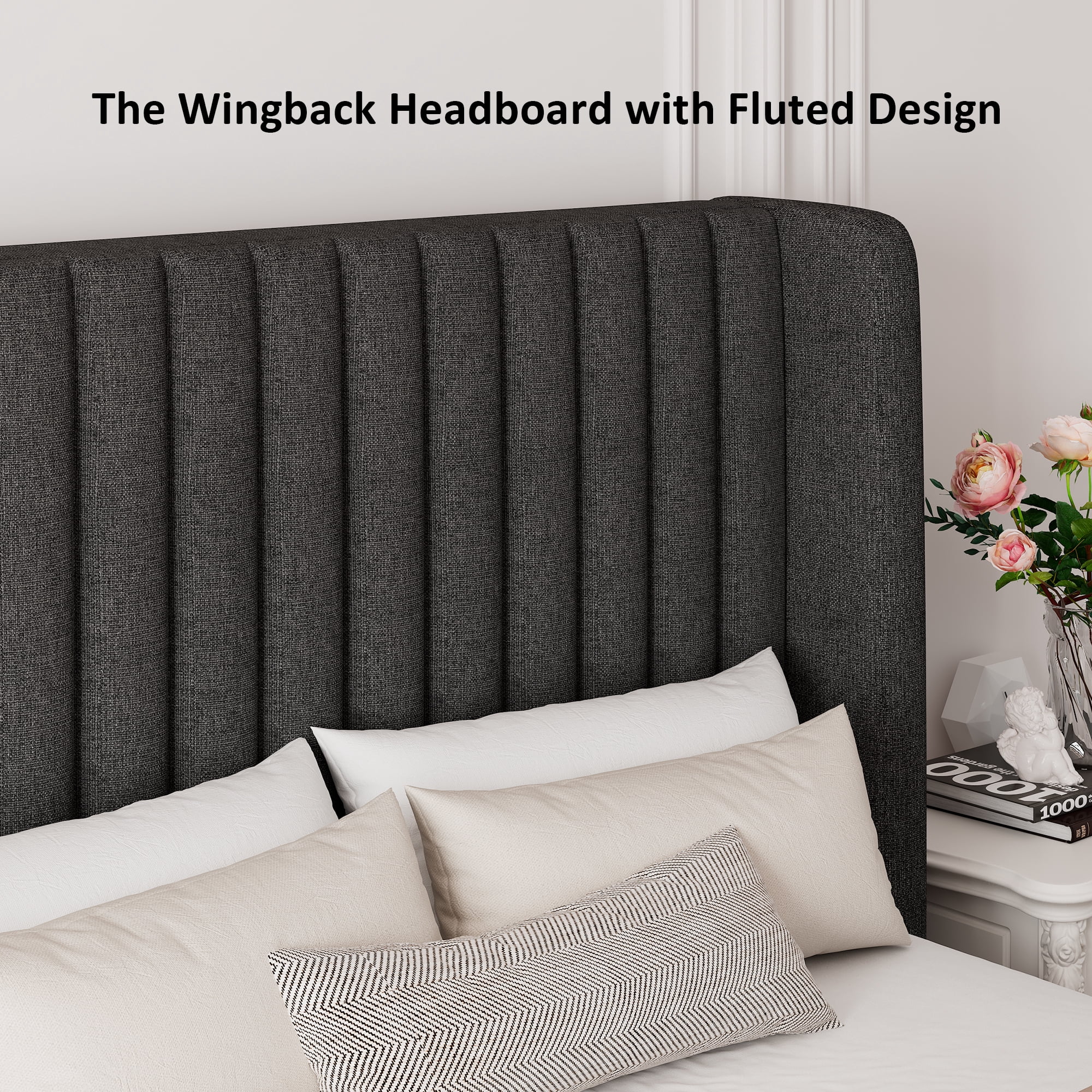 Einhomn Queen Size Lift Up Storage Bed With Wingback Headboard, Upholstered Platform Bed Frame with Hydraulic Storage, Linen Fabric, No Box Spring Needed,Dark Gray