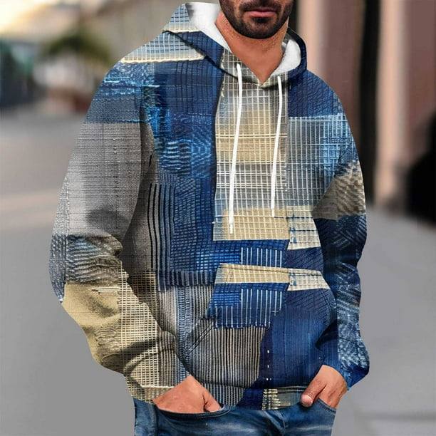 Dolkfu Sudadera con capucha estampada para hombres, sudadera casual retro con capucha, camiseta de manga larga con cordón para hombres XL