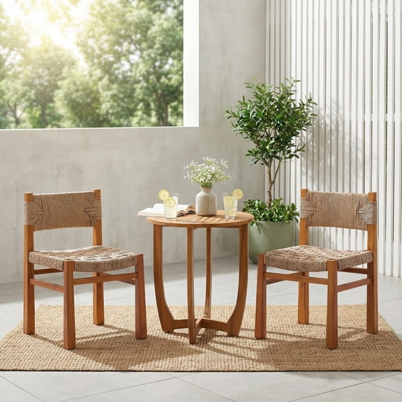 Christopher Knight Home 3-Piece Outdoor Wood Dining Set, Teak Bistro Table and Light Gray Wicker Chairs